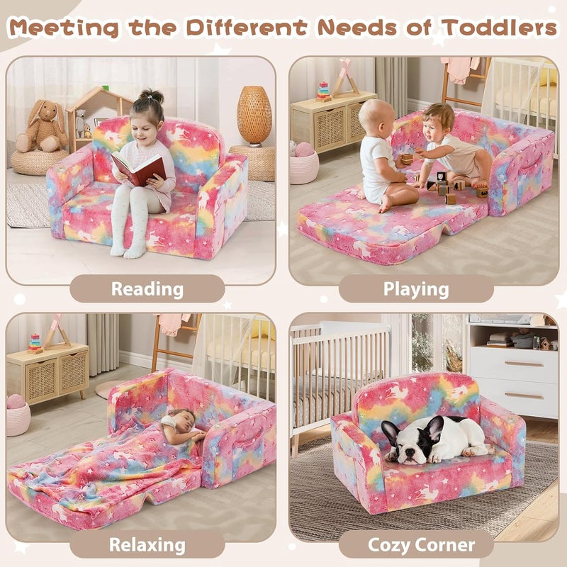 Foryoomi Extra Wide Kids Couch, Kids Sofa, Toddler Sofa, Glow in The Dark, 2-in-1 Soft Toddler Couch with Blanket and Pillow, Pink - Image 4